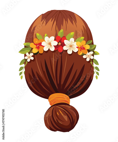 Illustration of a woman's dark red hair styled in an elegant low bun with a floral headband and wreath