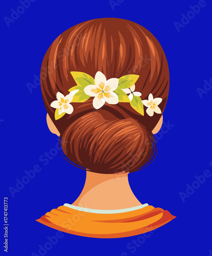 Illustration of a woman's dark red hair styled in an elegant bun adorned with small white flowers, on a blue background