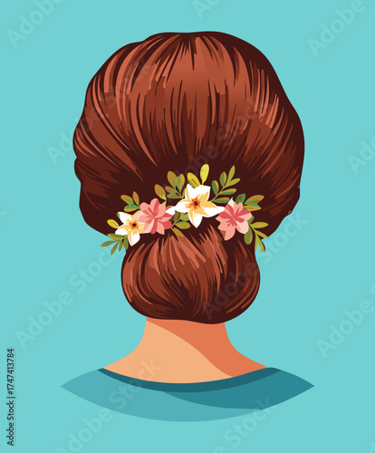 Illustration of a woman's dark red hair styled in an elegant, messy bun adorned with small flowers, on a blue background