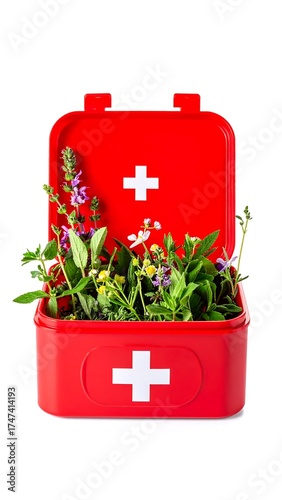 Red first-aid kit filled with herbs