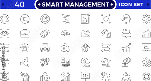 Smart management and organization icon set featuring planning, teamwork, leadership, HR, and project strategy symbols. Ideal for corporate, business, training, workflow, and productivity designs.