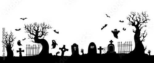 Halloween haunted cemetery and graveyard vector silhouette with spooky ghosts, gravestones, crooked trees and fence, flying bats and zombie hands. Halloween graveyard scene, night monster silhouettes