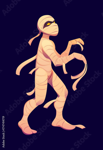 Cartoon Halloween egyptian mummy character. Vector mummy in cute zombie costume with swathe. Fun children comic game pharaoh walk. Body and face with roller bands for horror game, funny party