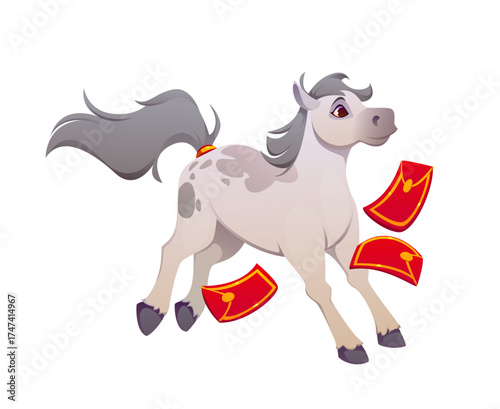Cartoon horse character, Chinese lunar new year animal. Isolated vector hoofed personage with gray mane and spotted body prancing among red envelopes symbolizing celebration and prosperity in CNY 2026