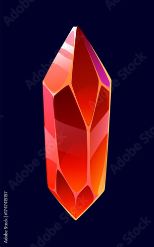 Cartoon Halloween red crystal with sharp facets and glossy reflections, glowing with a magical fiery light. Jewel shines with inner energy and fiery radiance. Vector magic crystal, occult gem stone