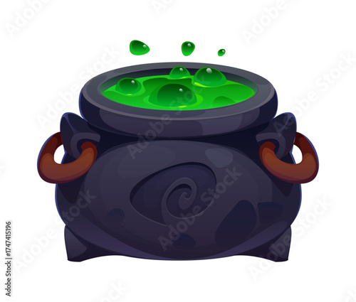 Cartoon witch cauldron, Halloween magic pot with green bubbling potion and handles. Isolated vector steel boiler with boiling magic brew. Scary evil kettle with poison for wizard, sorceress or mage