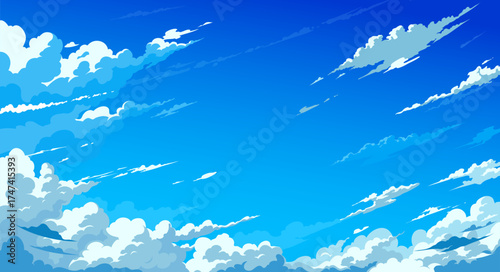 Cartoon blue anime manga sky background filled with layered clouds in motion and sun lights. Vector anime manga sunny summer day sky nature landscape with cumulus clouds floating in clear blue air