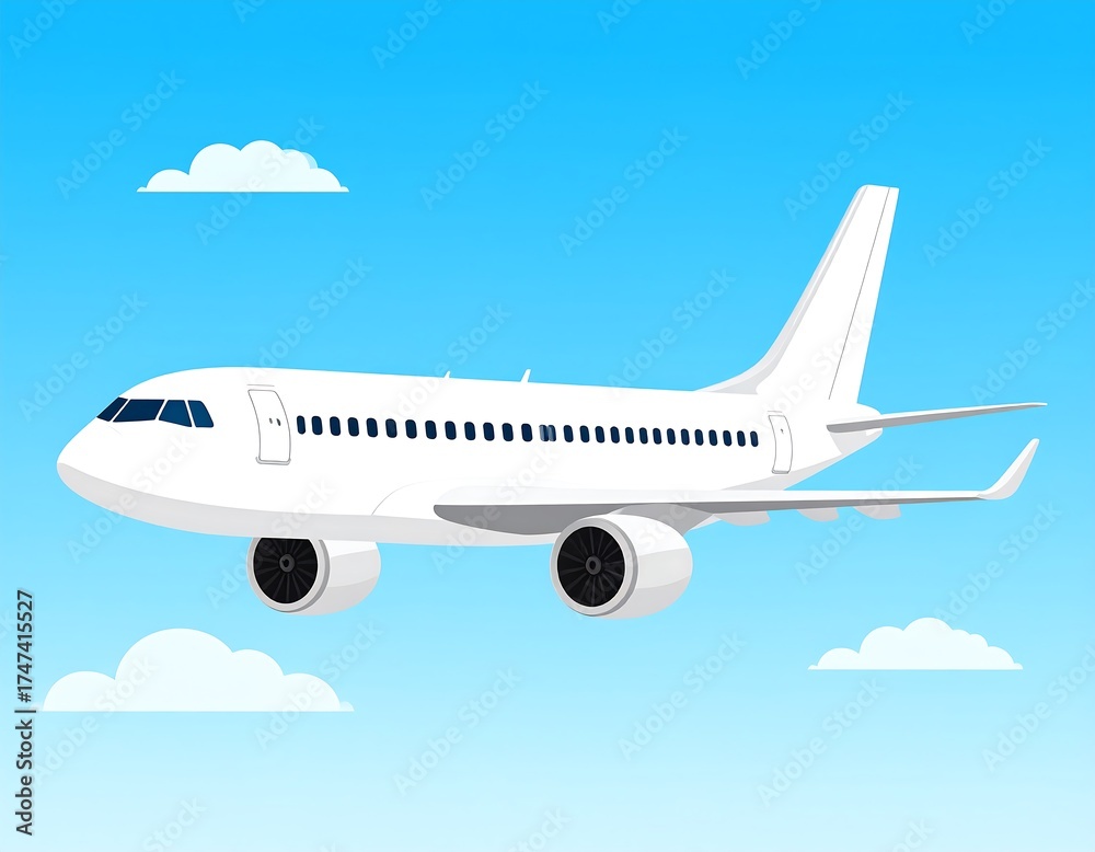 Fototapeta premium White airplane in a clear blue sky with clouds