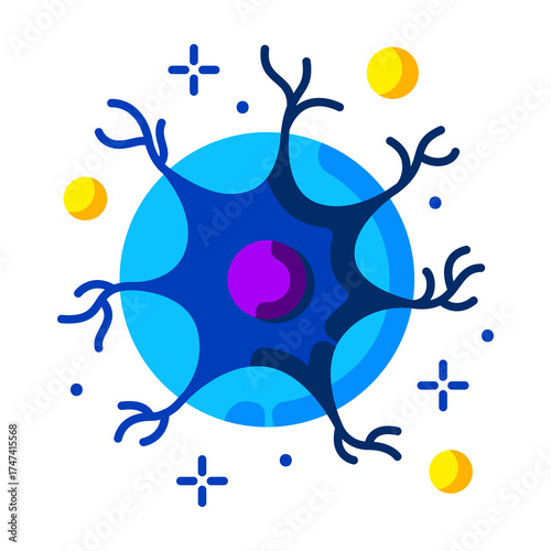 Fotografie Abstract illustration of a blue neuron cell with purple nucleus and yellow orbs