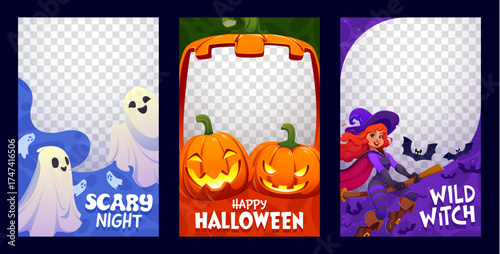 Halloween photo frames and social media post templates with transparent space decorated by cartoon ghosts, glowing jack o lantern pumpkins and flying witch with bats. Halloween holiday vector frames