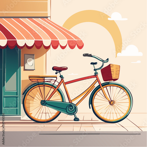Vintage bicycle leaning against shop awning