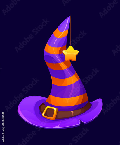 Cartoon Halloween witch hat. Vector magic wizard purple cap with golden stripes, yellow star and gold buckle with leather brown belt. Cute magician witchcraft party costume with decoration