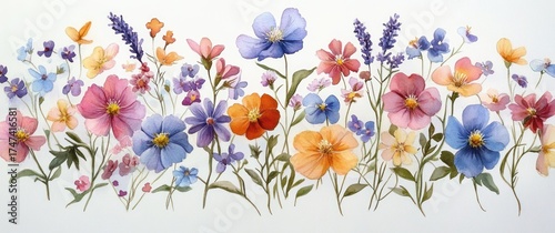 Delicate watercolor painting of various colorful wildflowers including pink, blue, orange, and purple flowers on green stems with soft leaves
