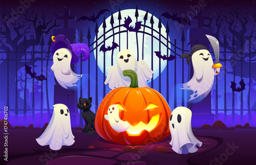 Cartoon Halloween ghosts flying near cemetery gate and giant pumpkin jack o lantern. Black cat and eerie moonlight complete the scene. Halloween holiday vector banner with ghosts on graveyard