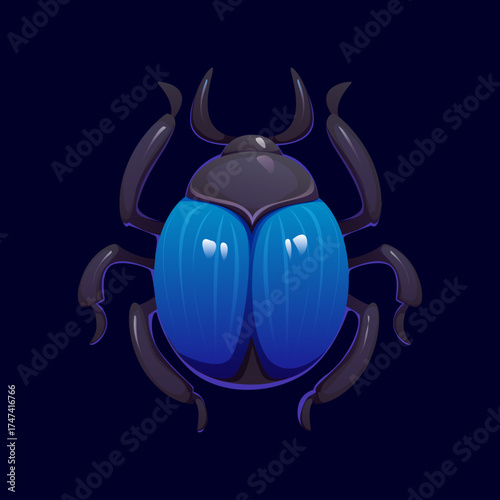 Cartoon Halloween scarab beetle with glowing blue carapace, dark segmented limbs and horns. Vector Egyptian symbol of Khepri God of morning sun, Halloween occult or magic amulet, mythology beetle