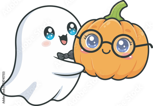 A friendly ghost happily embraces a smiling pumpkin, both with adorable expressions and glasses.