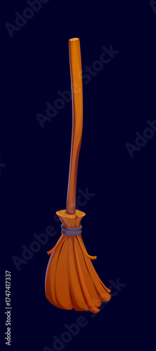 Cartoon Halloween witch broom with rustic wooden shaft and straw ends bound with rope. Vector Halloween magic witch broomstick tool with supernatural powers, enables witches to soar through the sky