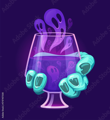 Halloween scary cocktail, spooky holiday drink in glowing glass, held by monster hands. Purple ghostly spirits swirl from the liquid creating eerie and magical vibe. Cartoon vector fantasy horror brew