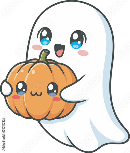 A cartoon ghost happily embraces a smiling pumpkin, celebrating Halloween.