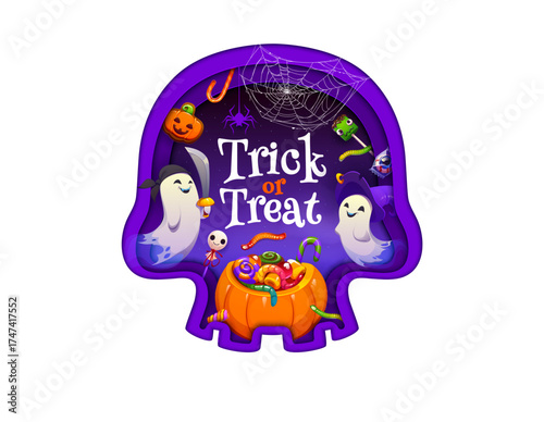 Halloween paper cut skull silhouette with cute ghosts, pumpkin bucket and candy lollipops. Vector candy gummy worms, lantern and spider cobweb for trick or treat Halloween holiday in paper cut banner
