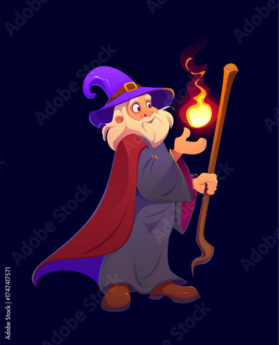 Cartoon wizard with flowing cloak and tall hat. Vector sorcerer creates bright magic flames or magical fireball in one hand and a wooden staff in the other. Whimsical fantasy personage casting a spell