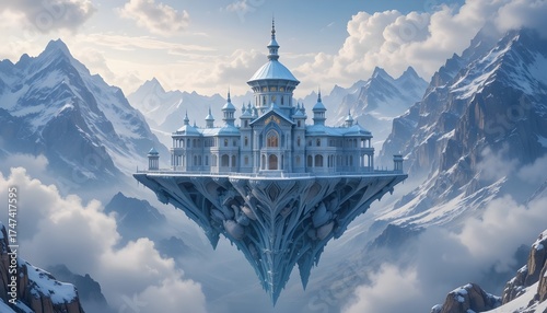 A grand crystal palace floating above snowy peaks
