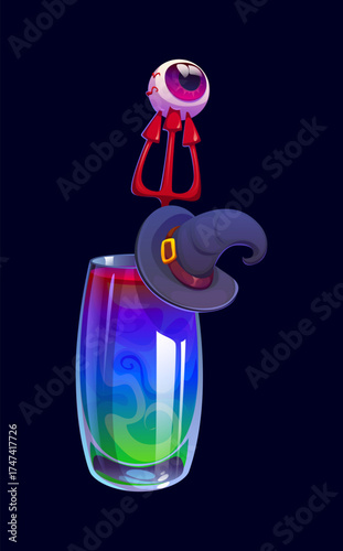Halloween party cocktail, scary beverage in a glossy glass, bent witch hat decorates the drink and a bloodshot eyeball skewered on a red pitchfork above, Halloween holiday vector cocktail drink glass