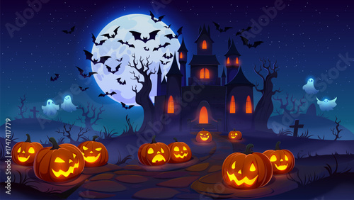 Cartoon Halloween landscape of dark haunted house surrounded by glowing pumpkins, stone path, haunted forest and flying bats. Halloween holiday vector landscape and creepy pumpkin lanterns on cemetery