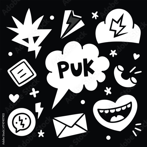 Black and white doodle elements with speech bubble and phone