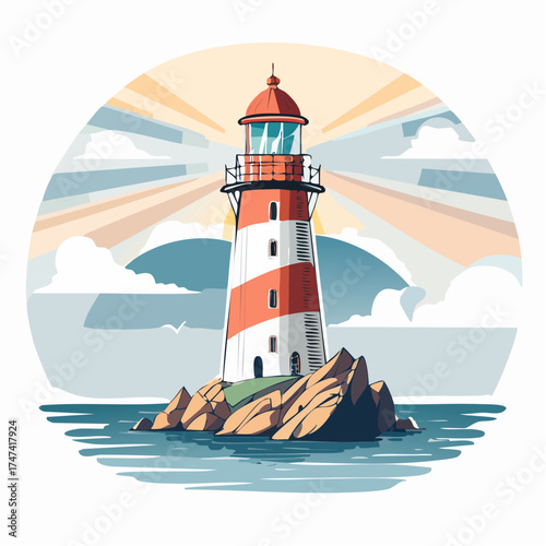 Coastal lighthouse on rocky outcrop with sunset sky