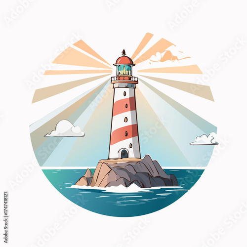 Coastal lighthouse on rocky island with sunlight