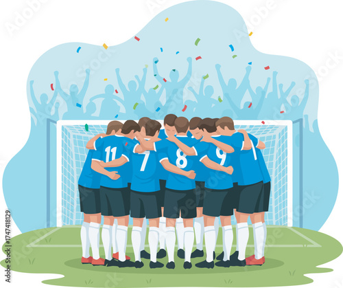 A soccer team huddles in celebration in front of a goal, with a cheering crowd and confetti in the background.