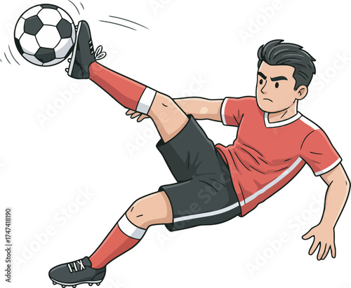 A soccer player in mid-air, kicking the ball with great force and focus.