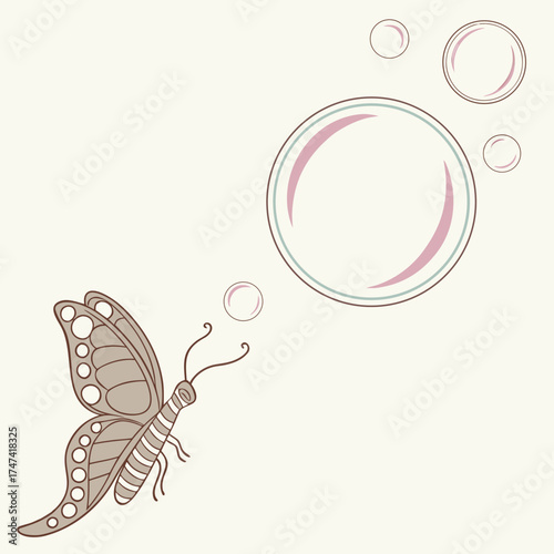 Butterfly with bubbles on a light background insect
