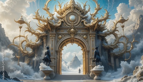 An ornate golden gateway guarded by celestial dragons, surrounded by swirling