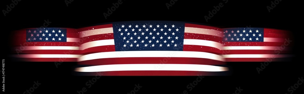 Naklejka premium Three blurred and moving representations of the United States flag with stars and stripes floating on a black background evoking motion and patriotism
