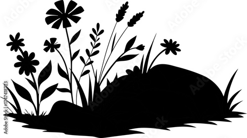 A black silhouette of various wildflowers, weeds, and grasses growing on a small patch of ground.