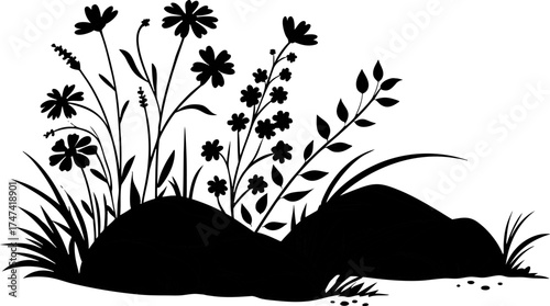 A black silhouette of various wildflowers and grasses growing on small mounds of earth.