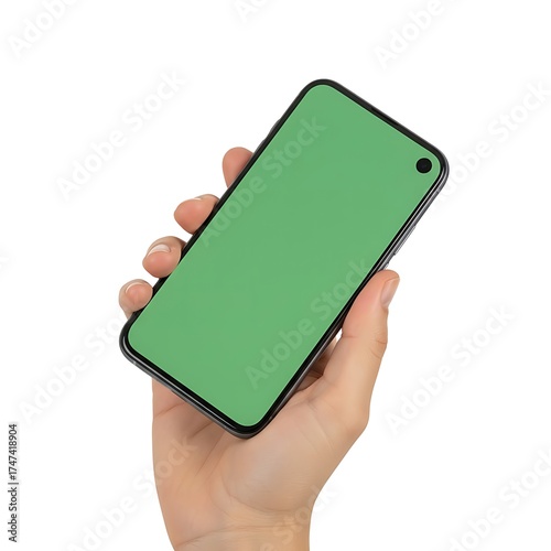 Hand Holding Modern Smartphone with Greenscreen Display, Isolated on White Background