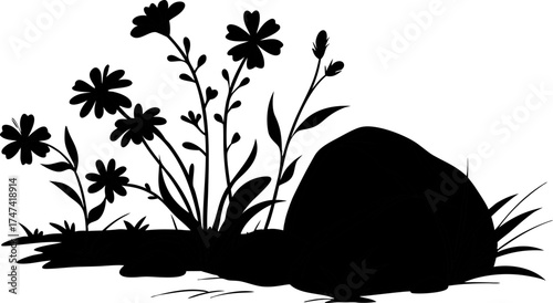 A black silhouette of wildflowers and blades of grass growing on the ground next to a smooth rock.
