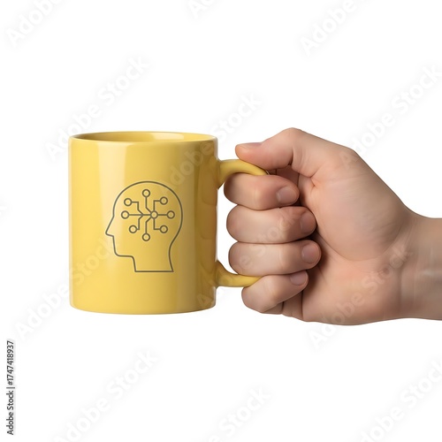 Hand Holding Yellow Coffee Mug with Artificial Intelligence (AI) or Digital Brain Icon, Isolated on White Background