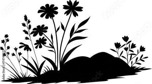 A black silhouette of various wildflowers and grasses growing on a small mound against a white background.