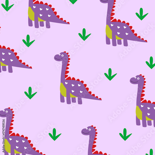 purple brontosaurus dinosaur vector cartoon cute full print fabric seamless pattern design for kids apparel