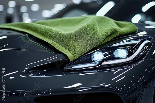 Wallpaper Mural Close-up of a sleek black sports car front with a green microfiber cloth resting on the hood under bright indoor lighting Torontodigital.ca