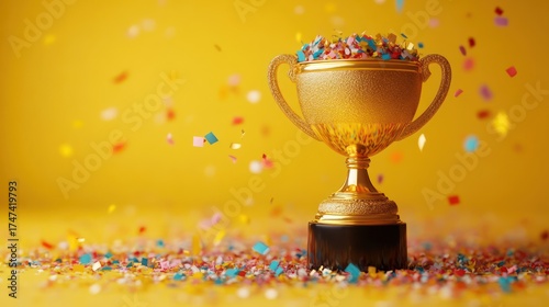 Wallpaper Mural Golden trophy cup surrounded by vibrant colorful confetti on a bright yellow background celebrating victory and achievement Torontodigital.ca