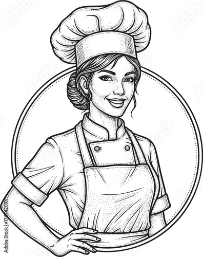Smiling female chef in a traditional uniform and toque a black and white line art illustration.