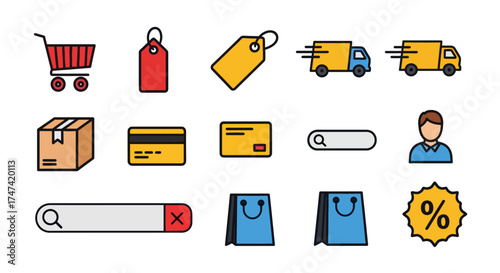 Colorful E-Commerce Icons for Online Shopping and Delivery