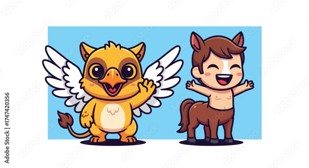 Fototapeta premium Cute Griffin and Centaur Cartoon Characters Vector