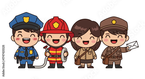 Cute Community Helpers Characters Police Firefighter Delivery Postal Worker