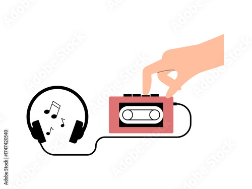 Woman plays songs on tape recorder. Music Player illustration. Flat vector illustration.